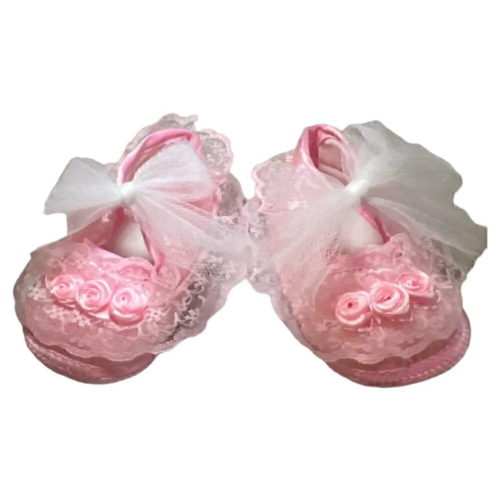 2 Pr Pink & Yellow Lace Satin Soft Baby Crib Christening Baptism Easter Shoes